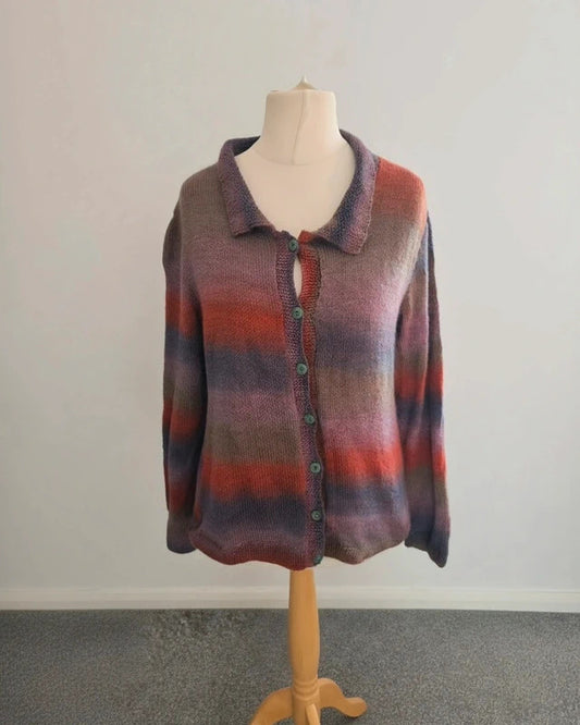 Women's Multicoloured Striped Knitted Cardigan Collared Button Up One Size