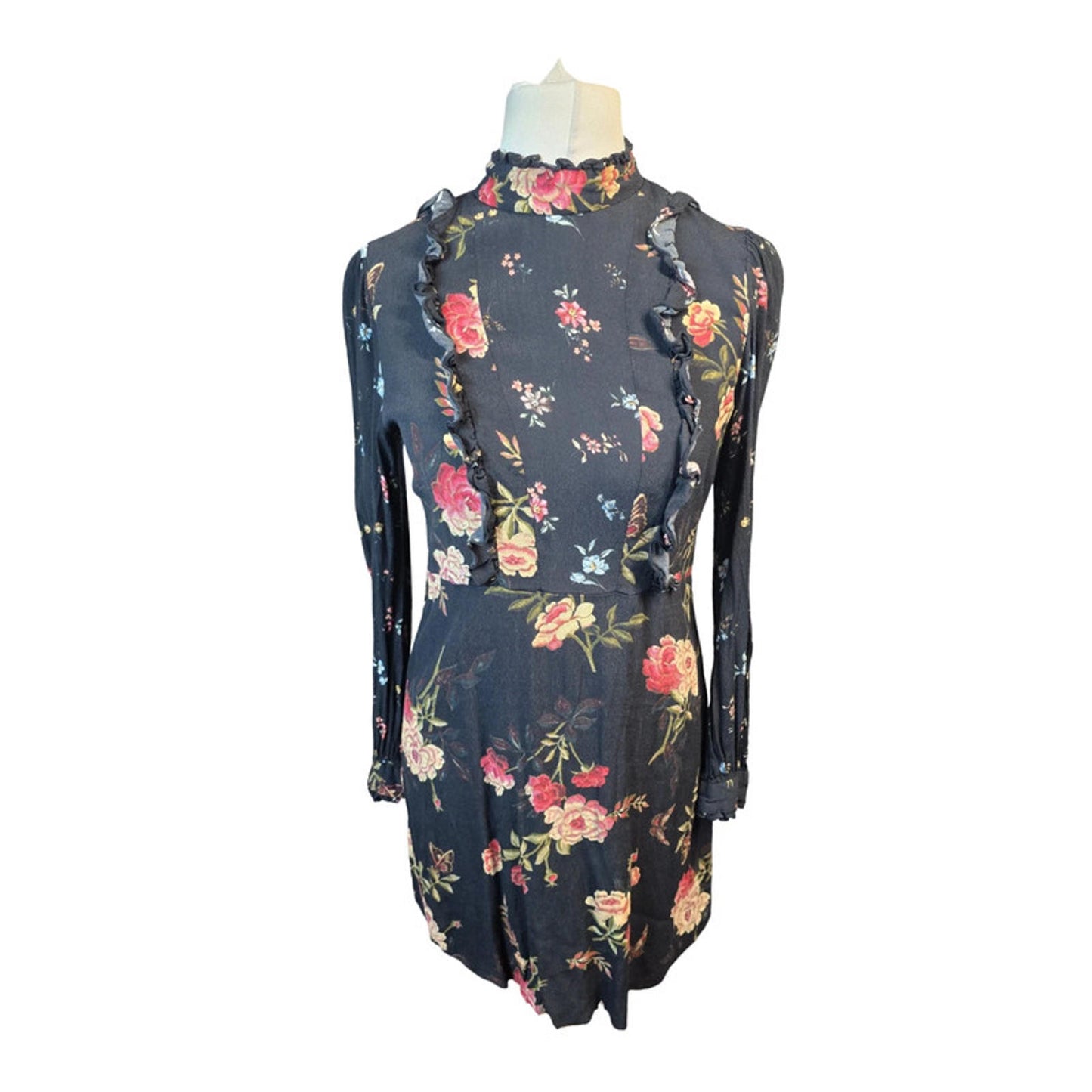 Zara Black Floral Mini Dress  L UK Size 12 Long Sleeve Lace Back Frill Detail