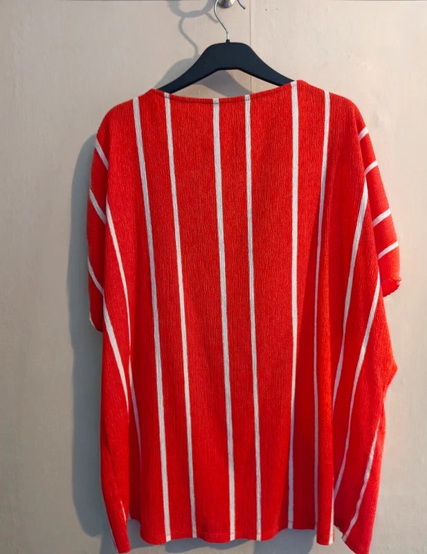F&F Red & White Striped V-Neck Short Sleeve Relaxed Fit Tunic Top Size 20
