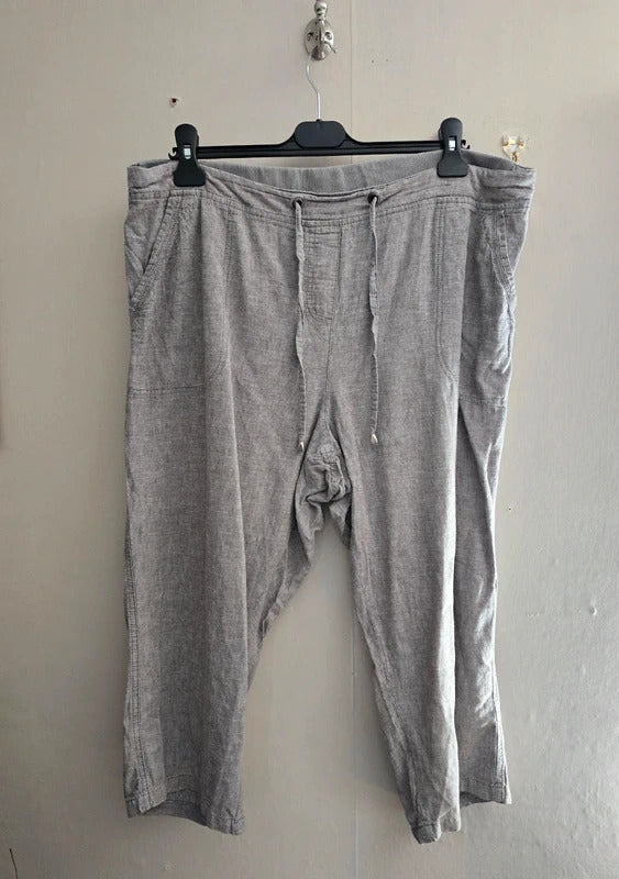 BM Casual Light Grey High Waisted Linen Blend Cropped Trousers Size 18