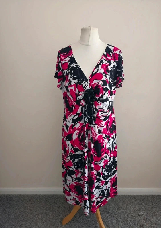 Ronni Nicole Pink, Black & White Bold Floral Gem-Detail Midi Dress Size 20