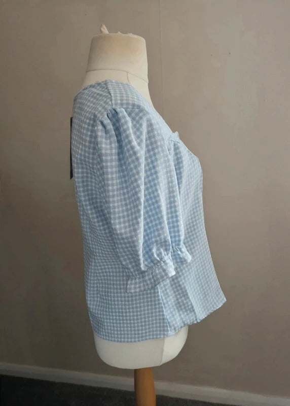 New Look Light Blue & White Gingham Checked Square Neck Top NWT Size 16