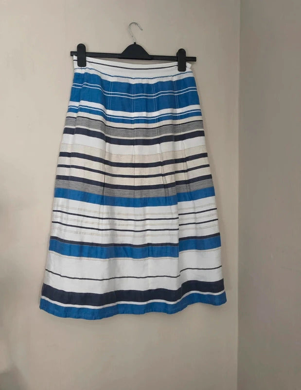 Country Casuals Women's Blue & White Striped Linen Blend Midi Skirt Size 10