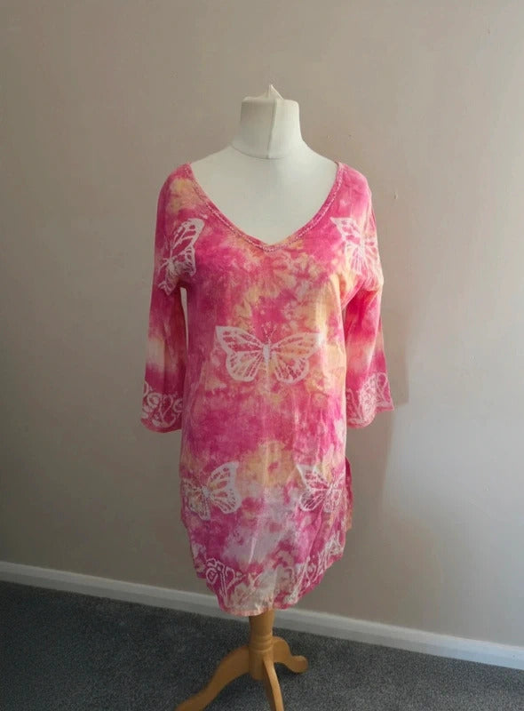 Nillah Sugar Pink & Yellow Butterfly Tie-Dye Tunic Dress Medium (Size 10-12)