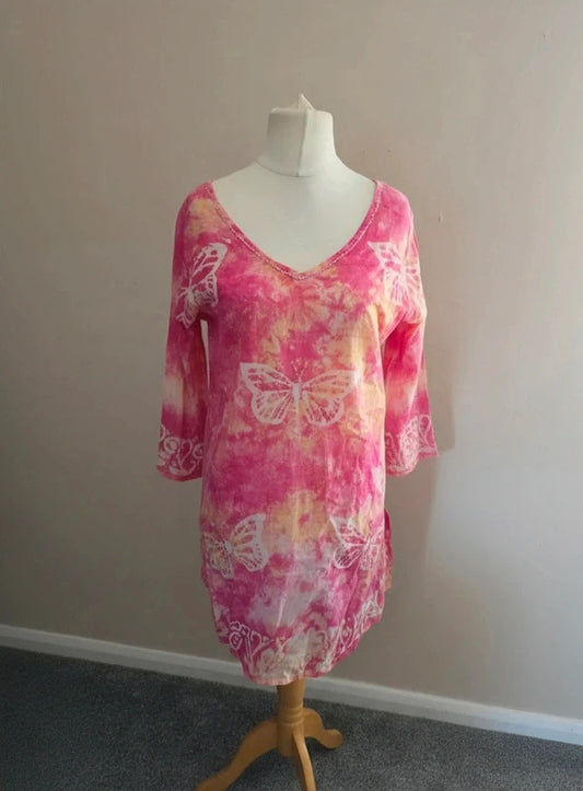 Nillah Sugar Pink & Yellow Butterfly Tie-Dye Tunic Dress Medium (Size 10-12)