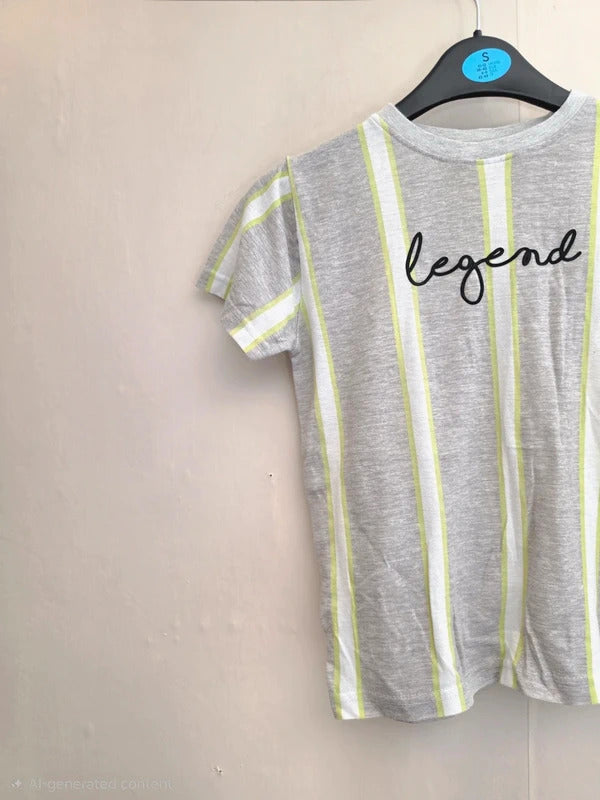 Urban Outlaws Boys Grey Marl Lime Green & White Striped "Legend" T-Shirt Age 6-7 Years
