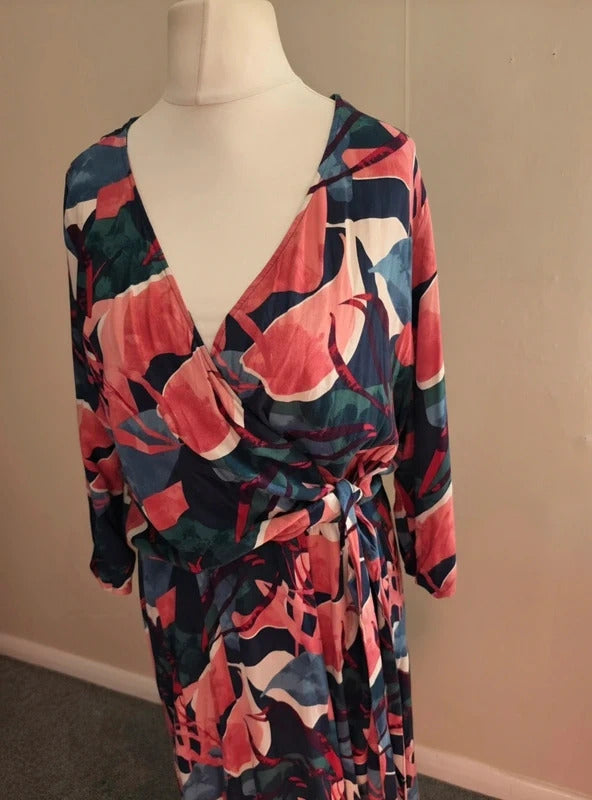 Ulla Popken Multicoloured Abstract Floral V-Neck Wrap Midi Dress Size 22 (EU 50)