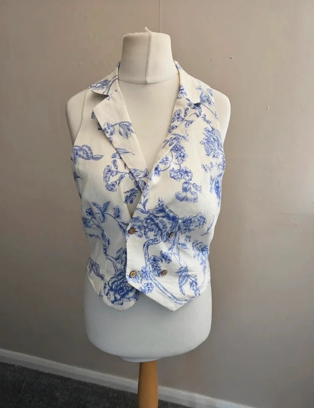 Mango Blue & White Floral Halterneck Collared Top NWT M Size 10