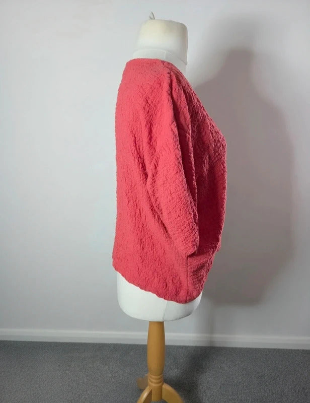 Nutmeg Coral Pink Textured Blouse Size 12 Oversized V Neck 3/4 Sleeve Button Top