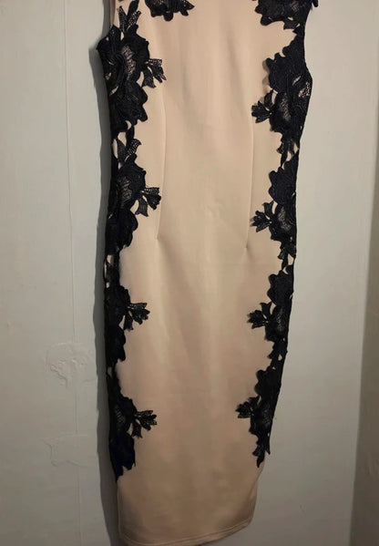 AX Paris Beige & Black Floral Lace Bodycon Midi Dress – Size 8