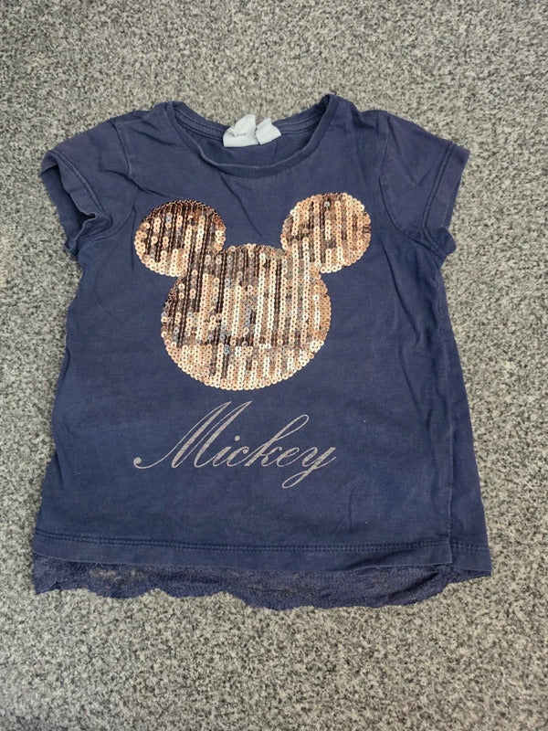 Primark Disney Girls Navy Blue Gold Sequin Mickey Mouse T-Shirt Lace Hem Age 3-4 Years