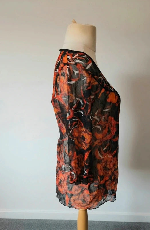 Per Una Black & Orange Floral Sheer Blouse Top – Size 16