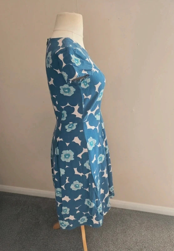 Lily & Me Blue & Green Floral Linen Blend Fit & Flare Midi Dress Size 10
