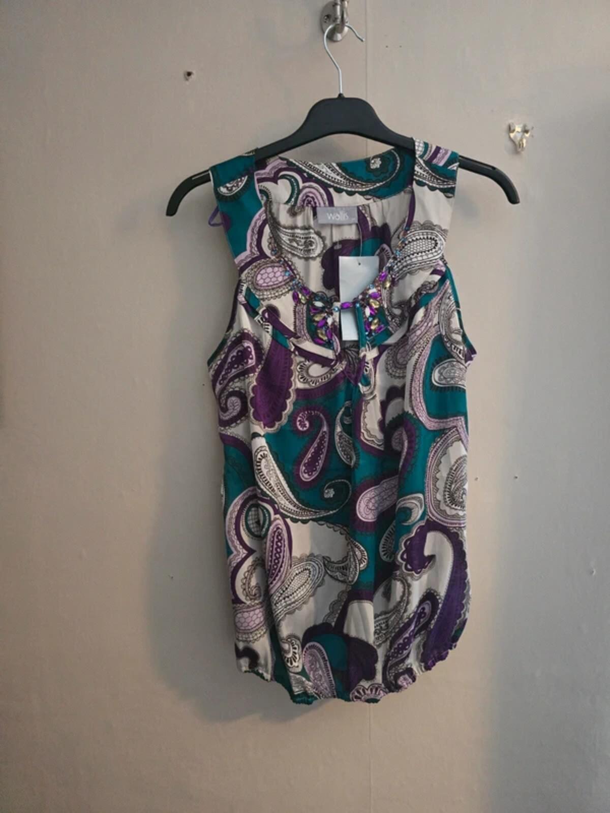 Wallis NWT Sleeveless Blouse Top Medium Size 10/12 Green Purple Gem Embellished