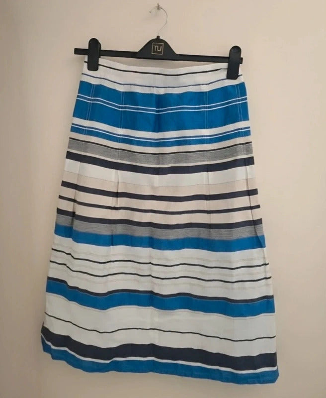 Country Casuals Navy Blue & White Striped Linen Blend Midi Skirt Size 10