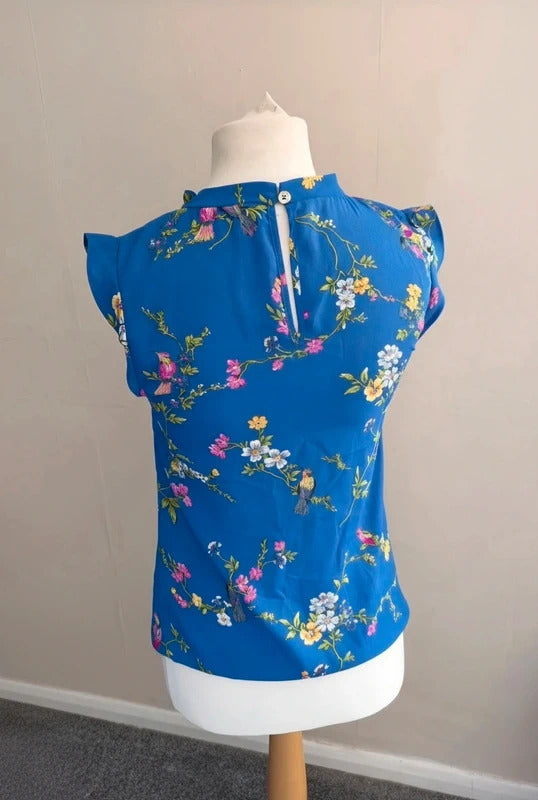 Oasis Women's Blue Floral Sleeveless Pleated Blouse Size 8