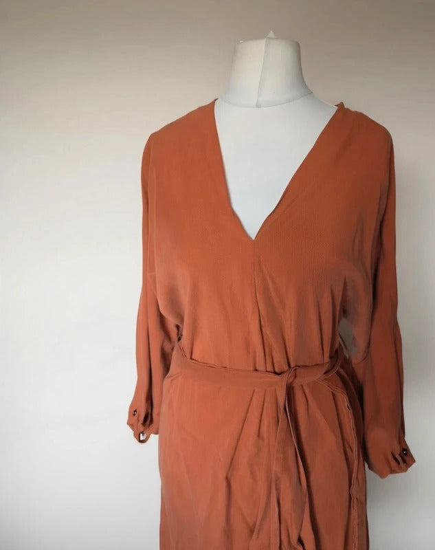 Mango Burnt Orange Belted Midi Oversized Dress – Relaxed Fit L Size 12