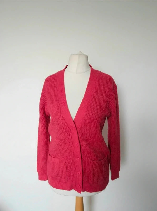 Damart Pink Red Knitted V Neck Button Cardigan Pockets Size 10-12