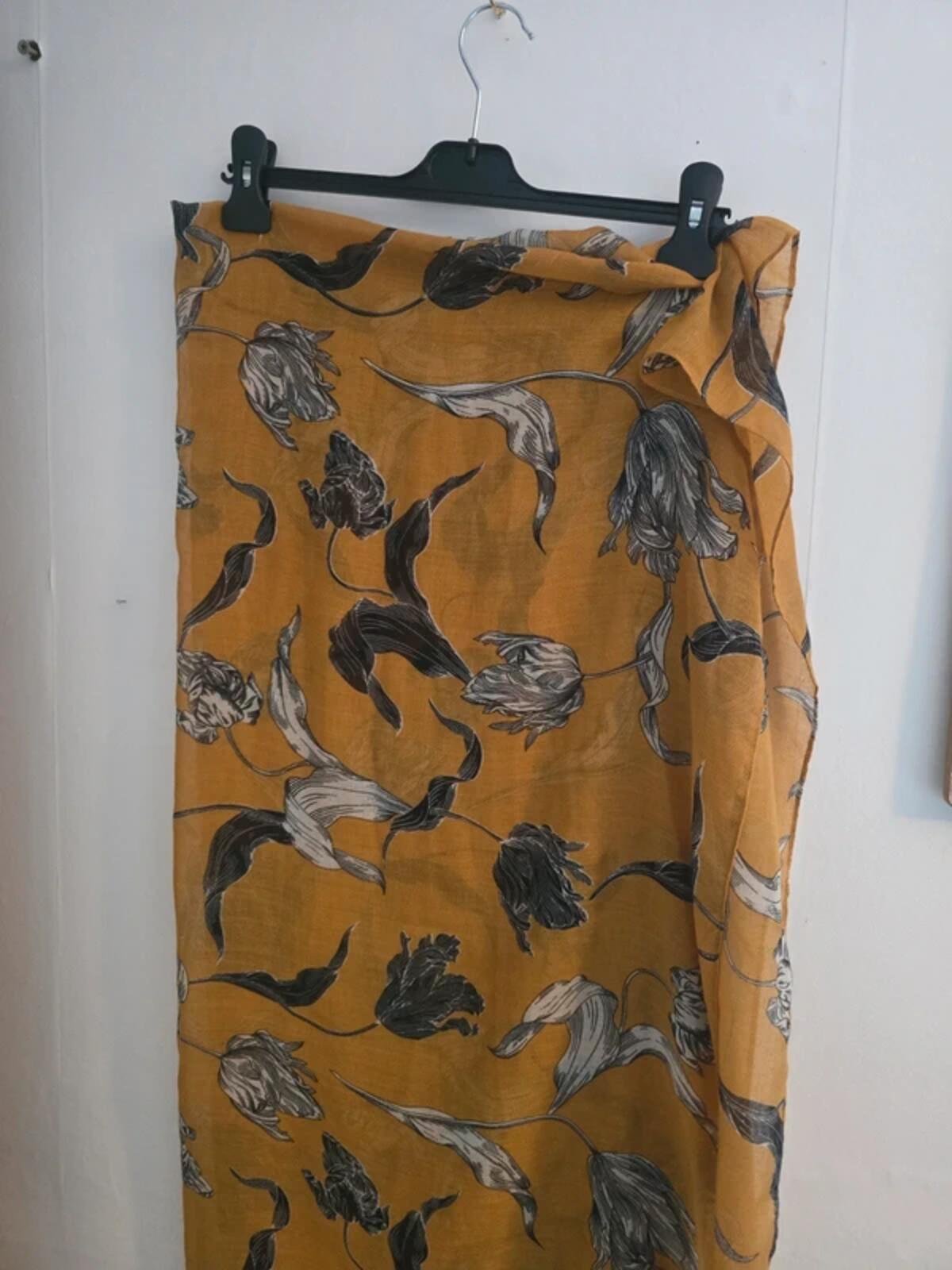 Mustard Yellow & Black Floral Lightweight Viscose Scarf Shawl with Frayed Edge