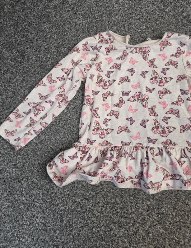 Primark Baby Girls White & Pink Butterfly Print Frill Hem Long Sleeve Top Age 18-24 Months
