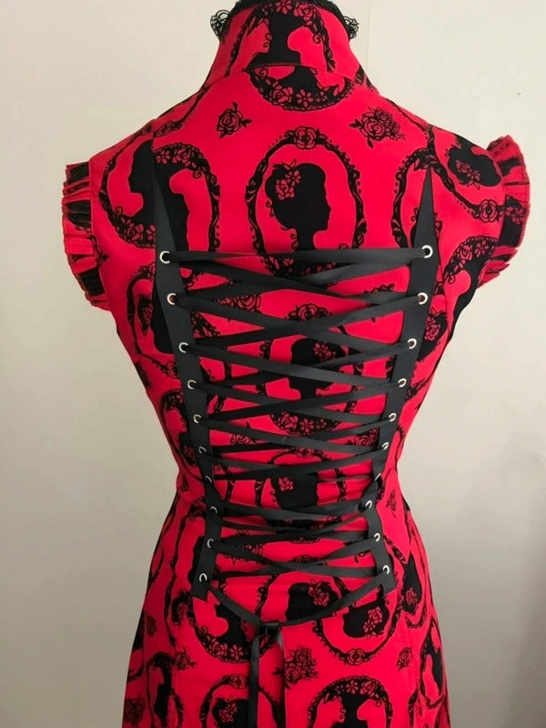 Jawbreaker Red & Black Gothic Cameo Print Corset Midi Dress – S Size  8–10