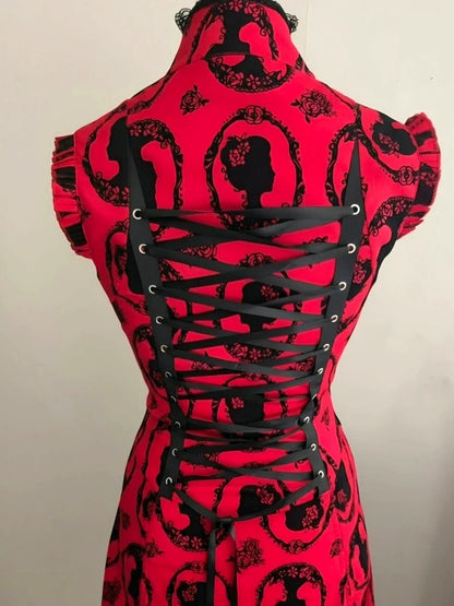Jawbreaker Red & Black Gothic Cameo Print Corset Midi Dress – S Size  8–10