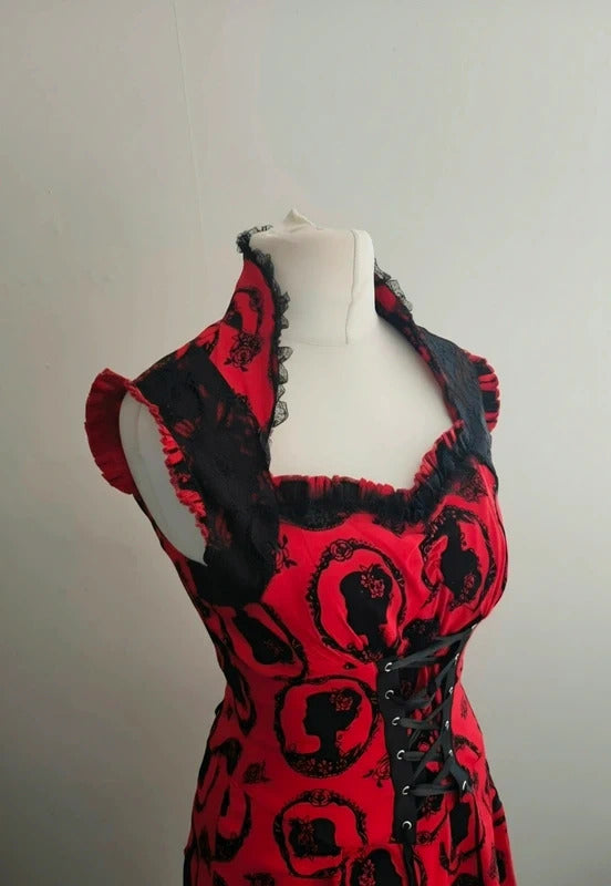 Jawbreaker Red & Black Gothic Cameo Print Corset Midi Dress – S Size  8–10