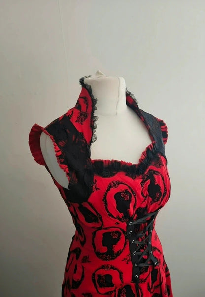 Jawbreaker Red & Black Gothic Cameo Print Corset Midi Dress – S Size  8–10