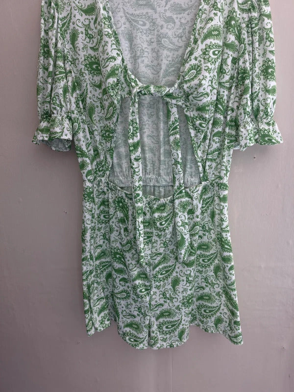 Boohoo Green & White Paisley Tie-Front Playsuit Size 14
