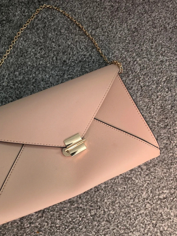 Primark Beige Faux Leather Magnetic Closure Clutch Shoulder Bag With Gold Strap