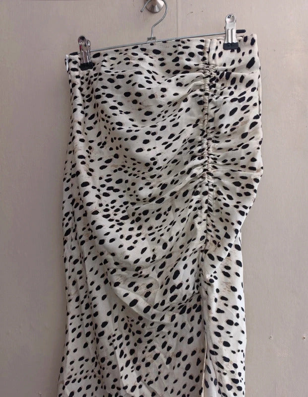 Cider Cream & Black Animal Print Ruched Front Slit Midi Dress  XS Size 6 NWT