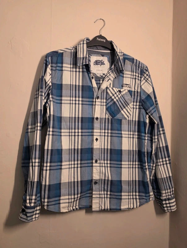 Men's Weird Fish Blue & White Checked Long Sleeve Shirt Size M