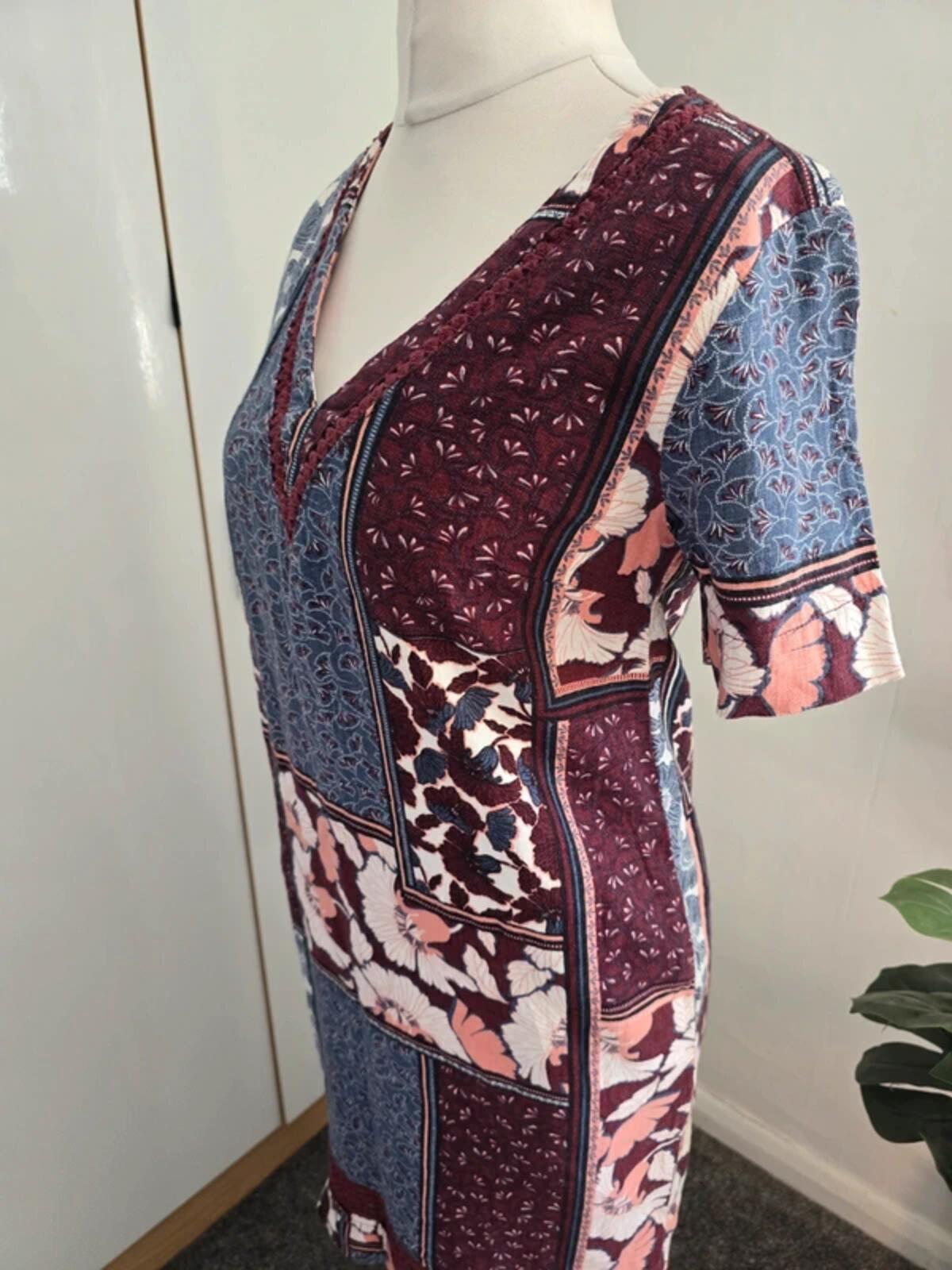 Next Burgundy & Blue Floral Patchwork Midi Dress  Size 6
