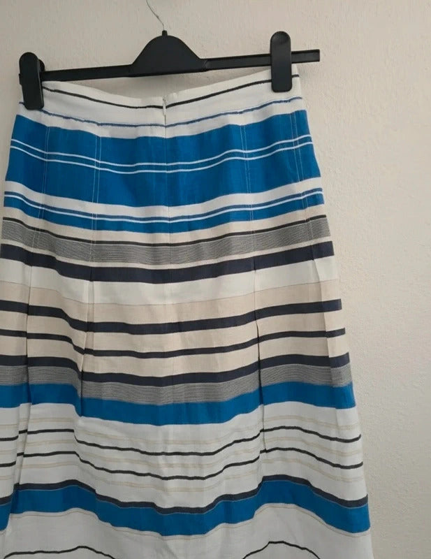 Country Casuals Navy Blue & White Striped Linen Blend Midi Skirt Size 10