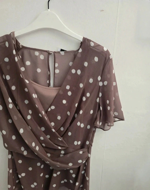 Jacques Vert Brown & White Polka Dot Chiffon Occasion Top Size 8 BNWT