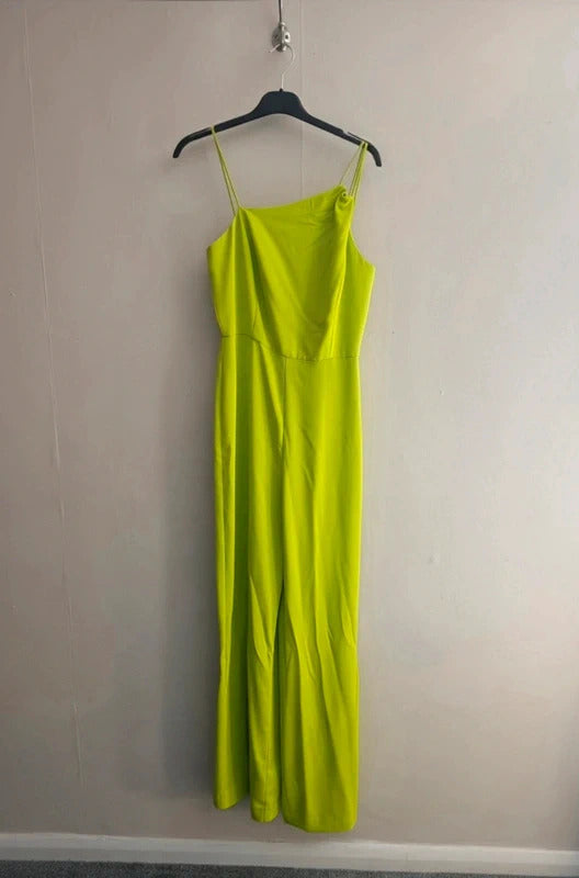 Mango Bright Lime Green Sleeveless Asymmetric Flared Jumpsuit Med Size 10-12