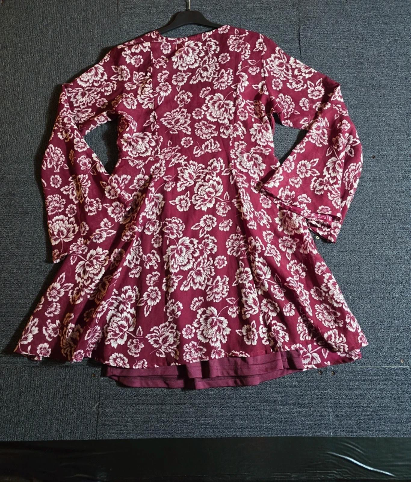 Brave Soul Burgundy Floral Boho Dress UK Size 10/12 Belted Flared Sleeves