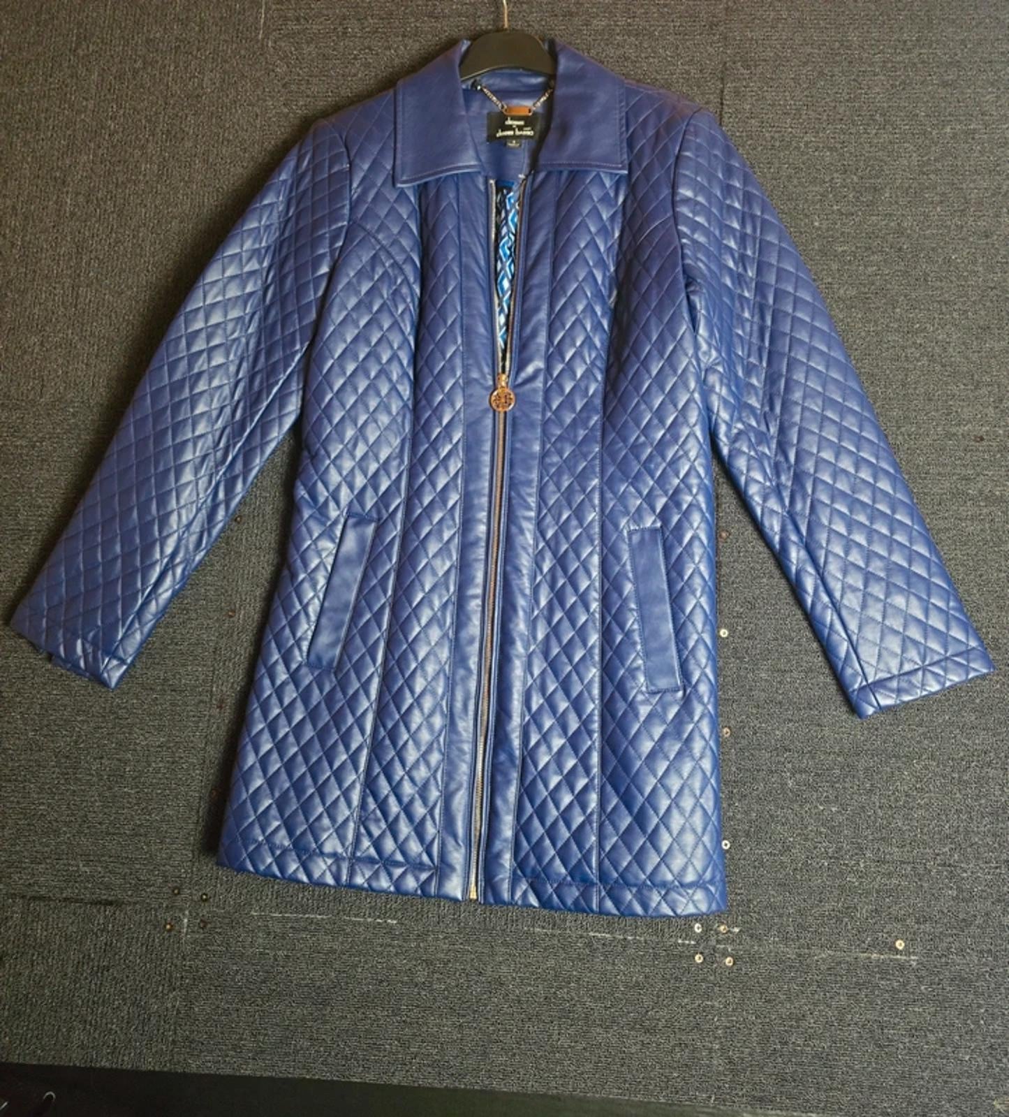 Dennis Basso Quilted Faux Leather Jacket Blue S Size 8/10 Mid Length Zip Up