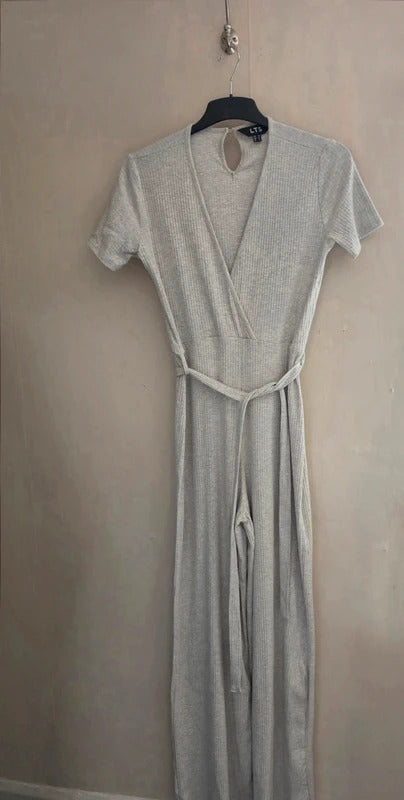 Long Tall Sally Light Grey Ribbed Flared Full-Length Jumpsuit Size 14 New