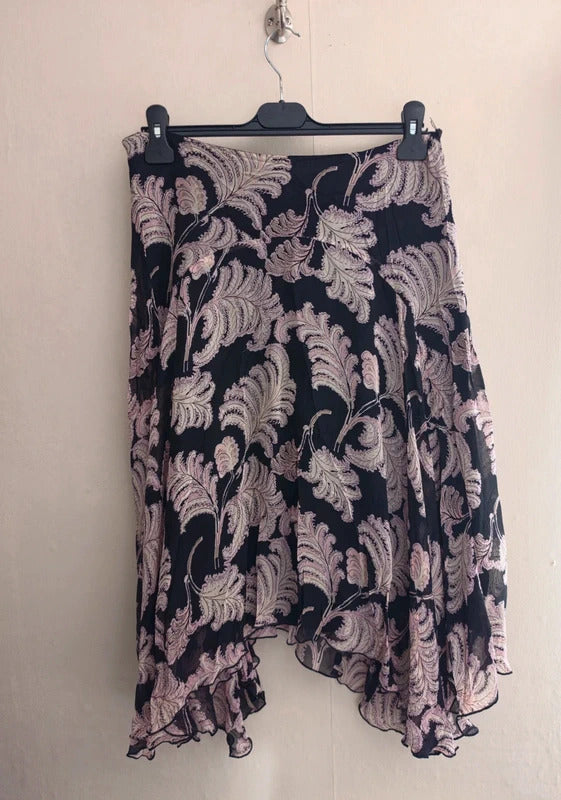 Coast 100% Silk Black & Grey Feather Print Asymmetrical Midi Skirt Size 10