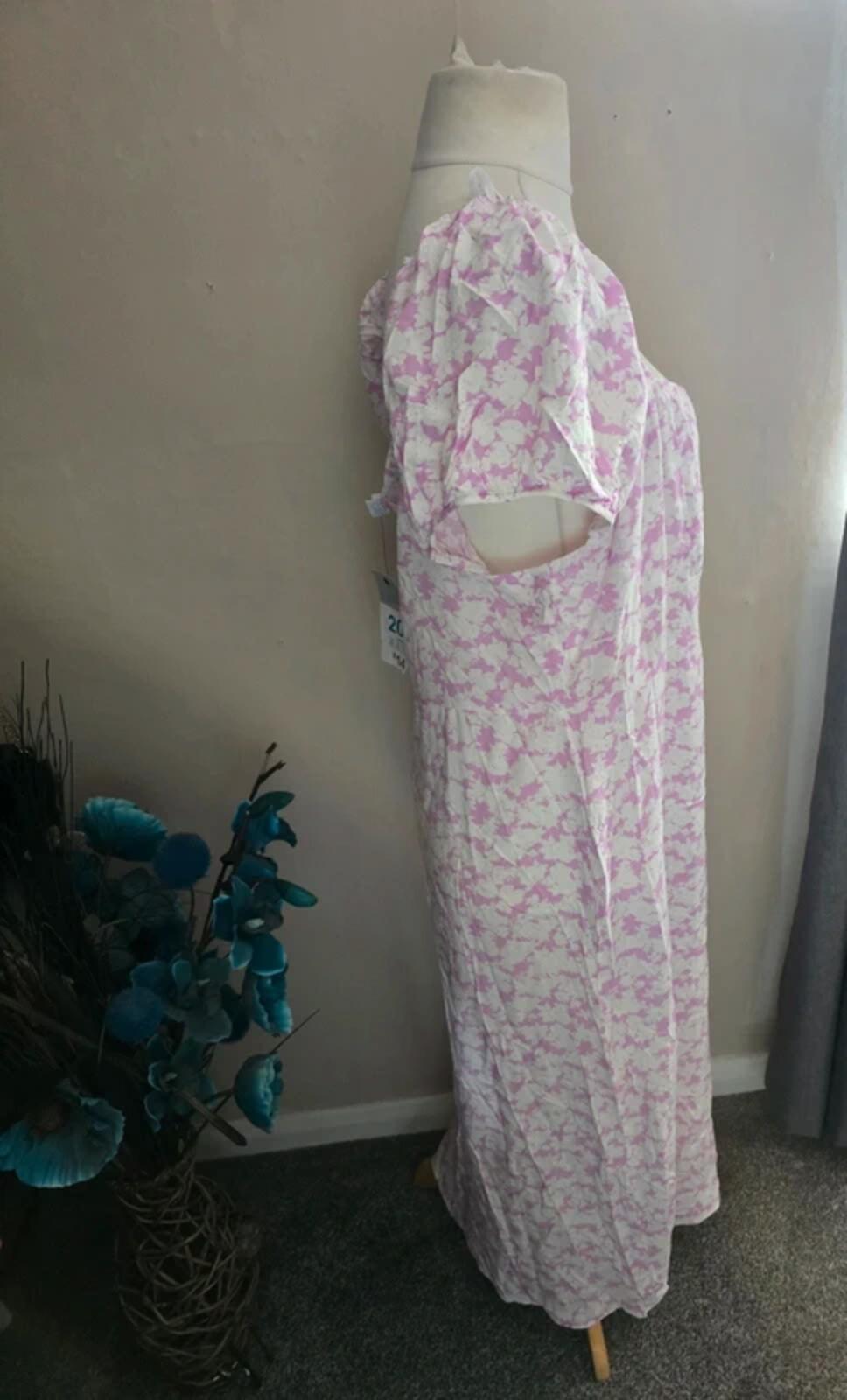 Primark Pink & White Patterned Off The Shoulder Midi Dress Front Slit Size 20