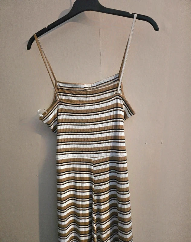 Topshop Beige & White Striped Sleeveless Belted Flared Crop Jumpsuit Size 12