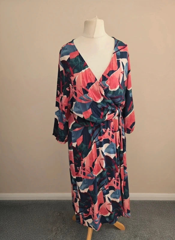 Ulla Popken Multicoloured Abstract Floral V-Neck Wrap Midi Dress Size 22 (EU 50)