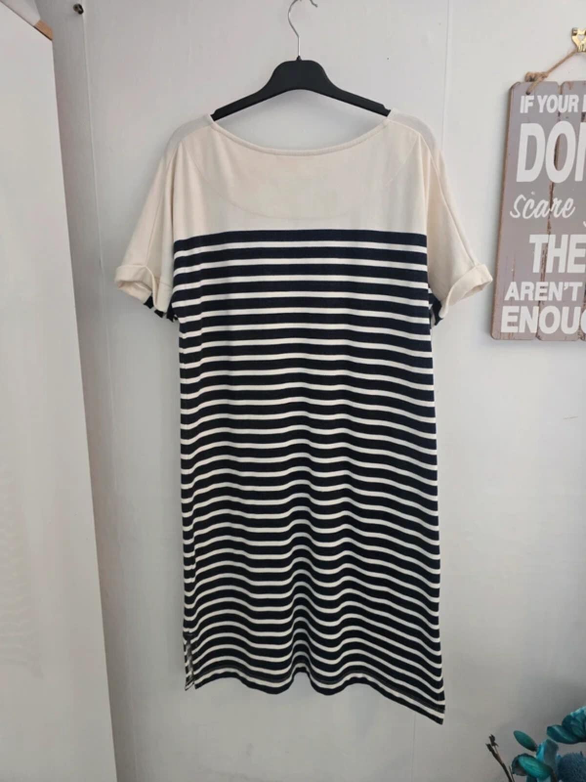 White Stuff Cream & Navy Striped Short Sleeved Midi Dress - Size 12