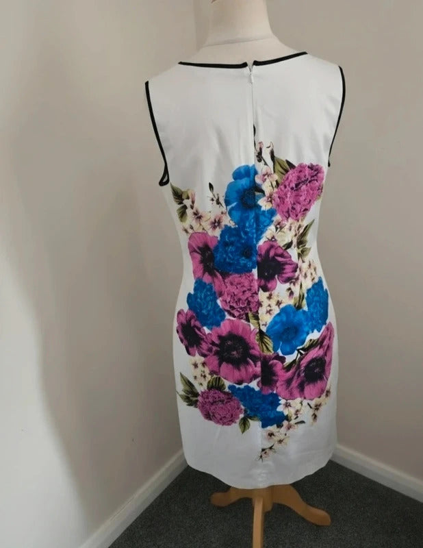 Debenhams Floral A-Line Dress Size 14 White Cotton Knee Midi Sleeveless