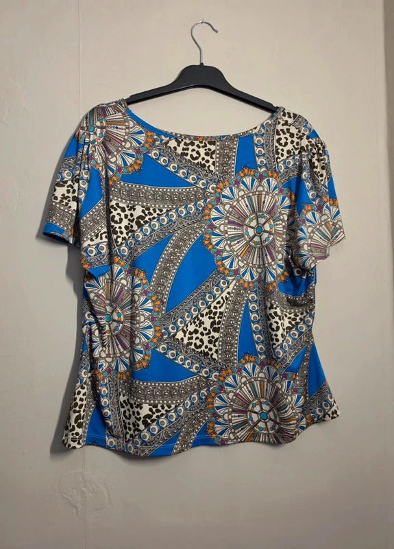 Nightingales Blue Multicoloured Abstract Print Short Sleeve Top Size 20