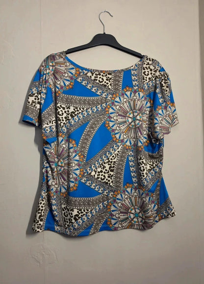 Nightingales Blue Multicoloured Abstract Print Short Sleeve Top Size 20