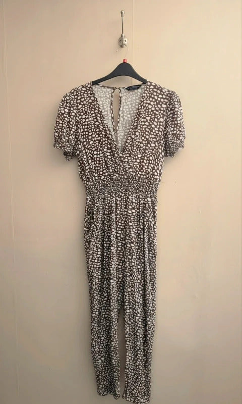Dorothy Perkins Brown & White Patterned Short Sleeve Jumpsuit Size 18
