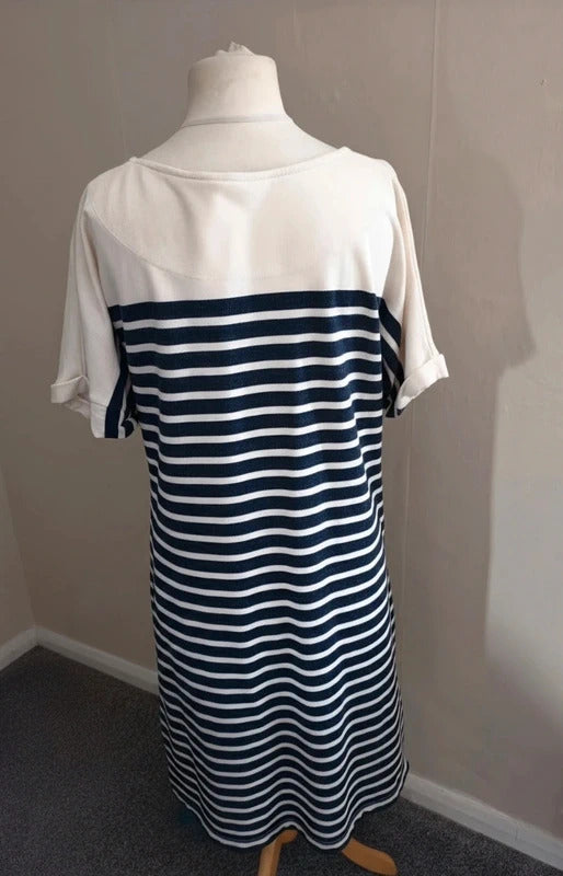 White Stuff Women's Cream & Navy Striped Short-Sleeve Cotton Midi Dress Size 12