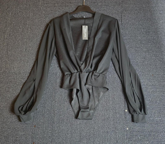 Boohoo Bodysuit Black Size 8 Sheer Sleeve Weekend New